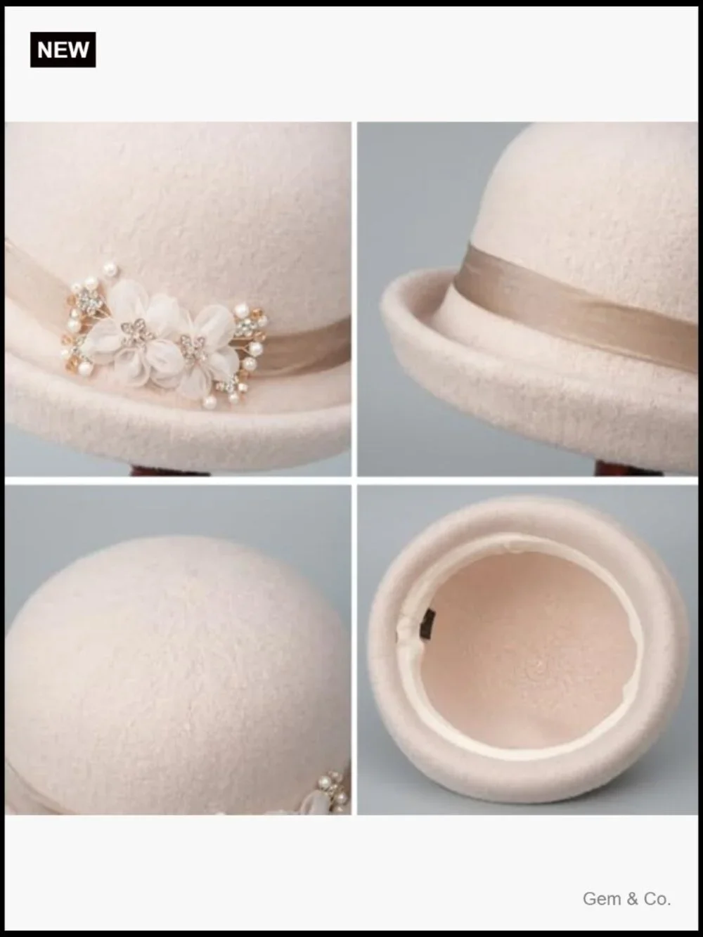 Wool Felt Bucket Hat with Handmade Floral Accents, Vintage Cloche Style